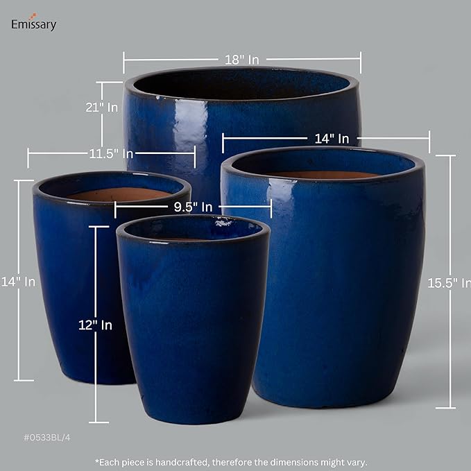 Emissary Bullet 18 in. Blue Ceramic Round Planter (18 in. L x 18 in. W x 21 in. H) with Drainage Hole-Ruum Studio Home