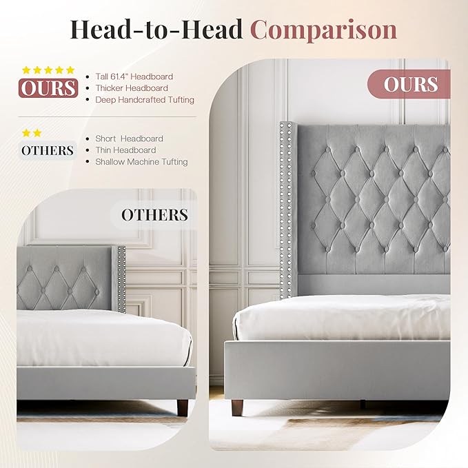 PaPaJet Queen Size Bed Frame with 61.4" Tall Headboard, Velvet Upholstered Platform and Handmade Deep Button Tufting, No Box Spring Required, Grey-Ruum Studio Home