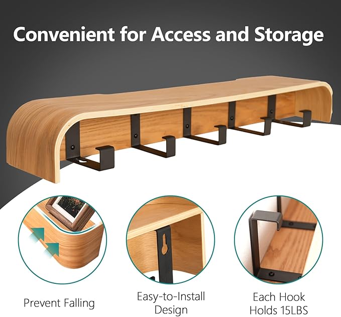 Coat Rack Wall Mount with Hidden Hooks Entryway Hanging Shelf Modern Wood Coat Hanger for Bedroom Kitchen Hallway Bathroom (Oak, 20.9 Inch Long)-Ruum Studio Home