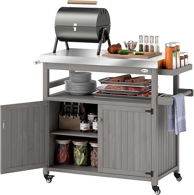 Outsunny Outdoor Grill Cart with Wheels and Storage, Solid Wood Outdoor Kitchen Island with Stainless Steel Top, Movable Bar Cart with Spice Rack, Side Handle, Integrated Hole for BBQ, Gray-Ruum Studio Home