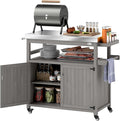 Outsunny Outdoor Grill Cart with Wheels and Storage, Solid Wood Outdoor Kitchen Island with Stainless Steel Top, Movable Bar Cart with Spice Rack, Side Handle, Integrated Hole for BBQ, Gray-Ruum Studio Home