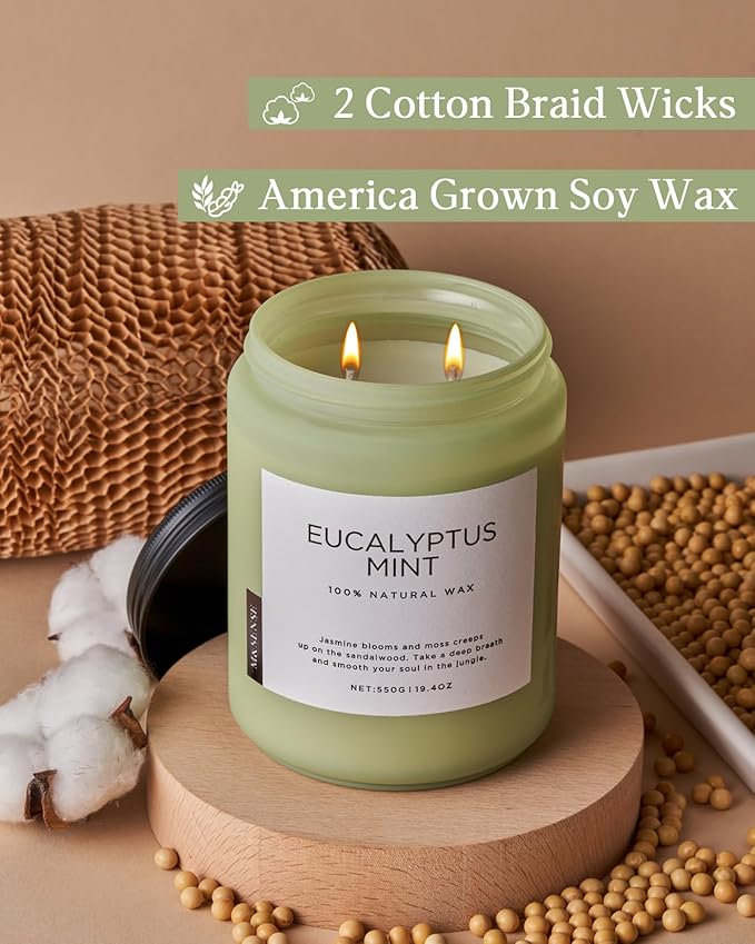 M&SENSE Eucalyptus & Mint Candles for Home Scented, 19.4oz 110 Hours Burn Soy Aromatherapy Candle Gift for Stress Relief, Meditation, Yoga, Relaxing SPA, Natural Soy Wax for Men and Women-Ruum Studio Home