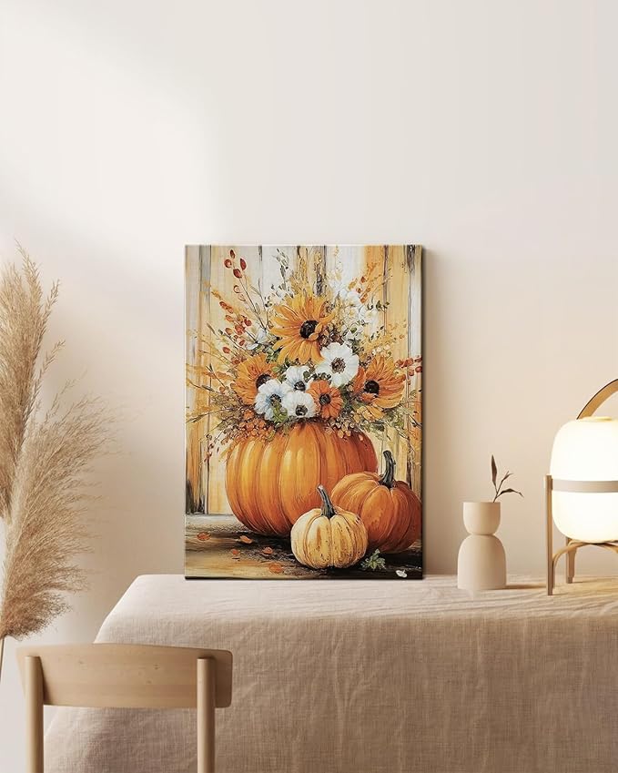 Rustic Autumn Fall Floral Pumpkin Wall Art Decor, Fall Floral Botanical Print for Thanksgiving Decorations, Autumn Wall Art Print for Farmhouse Living Room Bedroom Fall Decor, Ready to Hang-Ruum Studio Home
