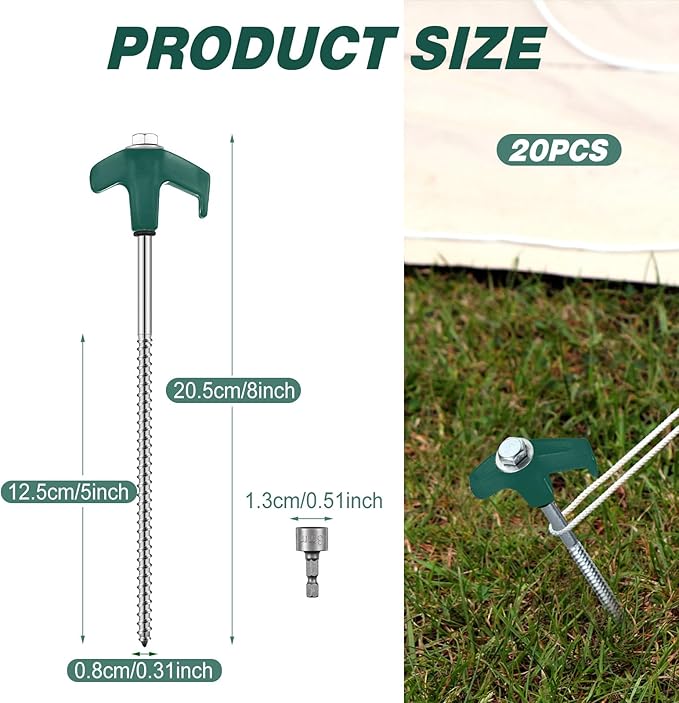 Hicarer 20 Pcs 20 Pcs 8'' Screw in Tent Stakes Heavy Duty Ground Metal Stakes for Inflatables with Hex Head Driver for Outdoor Camping Tent Inflatable Garden Decor (Dark Green)-Ruum Studio Home