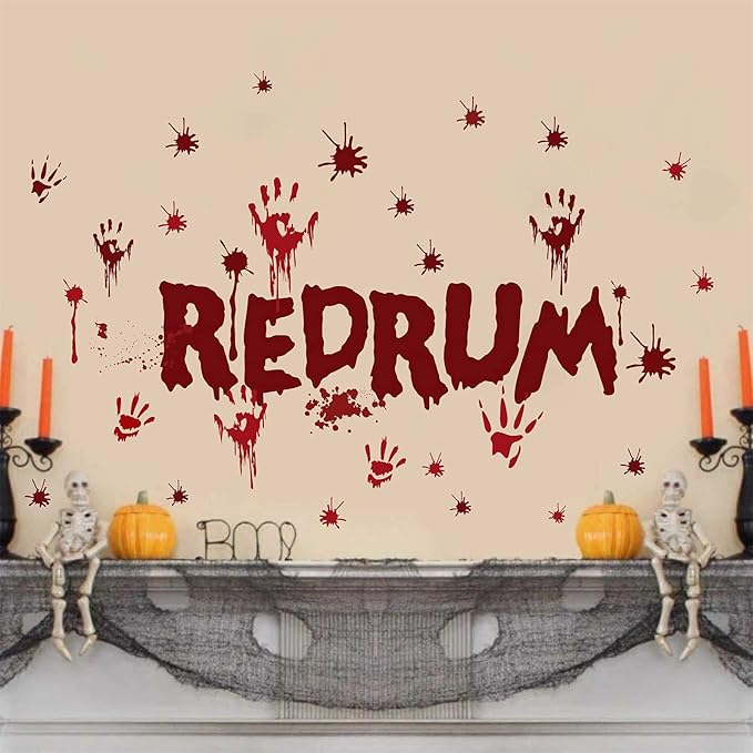 Halloween Redrum Murder Wall Decal Horror Ghost Hand Wall Decals Halloween Blood Splatter Decals Removable Peel and Stick Walls Stickers for Haunted House Party Window Decor-Ruum Studio Home