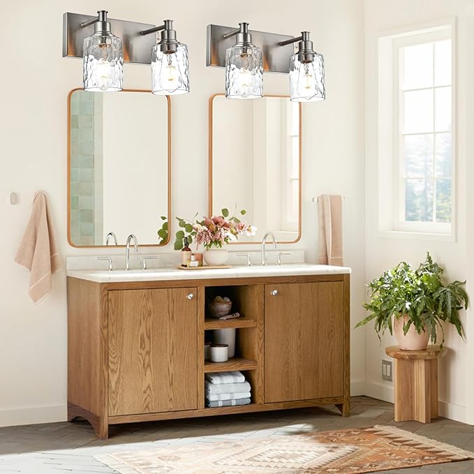 BONLICHT Modern Bathroom Light Fixtures in Brushed Nickel Finish, 2 Light Industrial Indoor Wall Sconce Farmhouse Vanity Lighting Over Mirror with Hammered Glass Contemporary Hallway Wall Mount Lamp-Ruum Studio Home