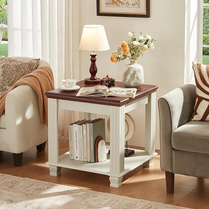 Farmhouse End Table Set of 2,Large Side Table with 2-Tier Storage Shelf,Rustic Wood End Tables for Living Room,Square Tea Table,White-Ruum Studio Home