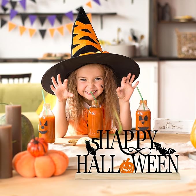 COCHIE Metal Happy Halloween Sign, Black Halloween Decorations for Home, Office, Shelf, Mantel, Indoor, Jack-o-lantern Decoration, Spooky Cat Bat Decor (Halloween)-Ruum Studio Home