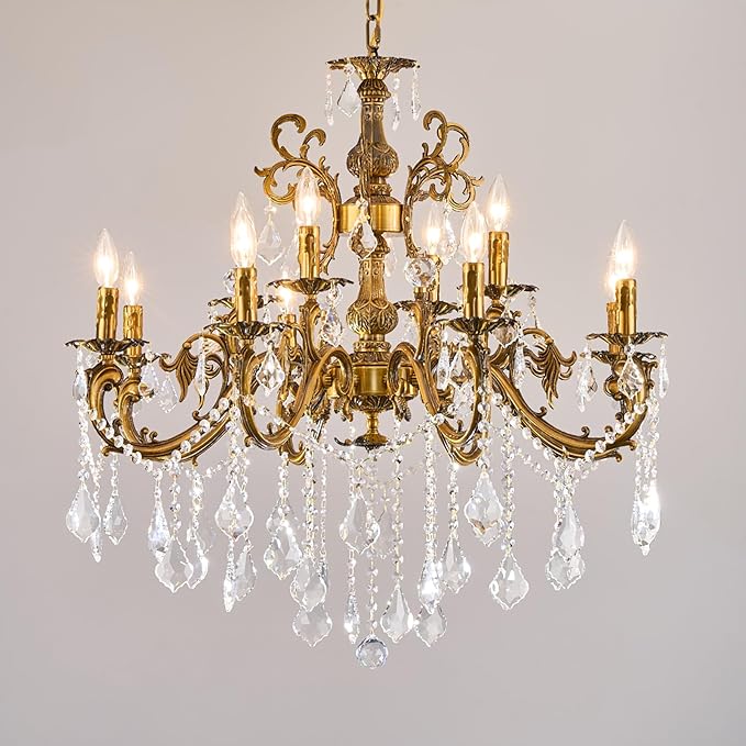 Vintage 8 Arms Crystal Chandelier Candle Light Fixture for Dining Room Living Room Bedroom Hallway Entryway Antique Gold Finish (34"-12 Lights)-Ruum Studio Home