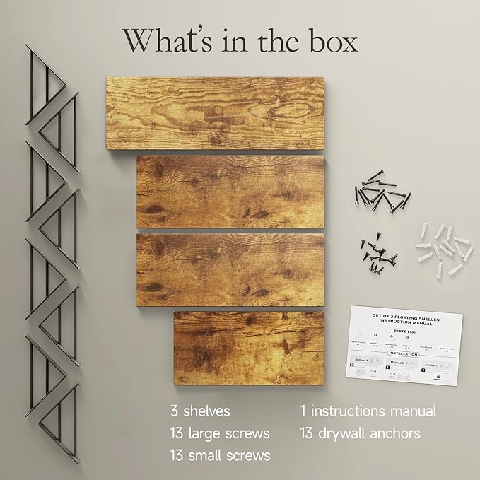 BAYKA Wall Shelves for Bedroom Decor, Floating Wall Shelves for Living Room Kitchen Storage, Wall Mounted Rustic Wood Floating Shelves for Kids Books, Corner Shelf for Bathroom(Rustic Brown，Set of 4)-Ruum Studio Home