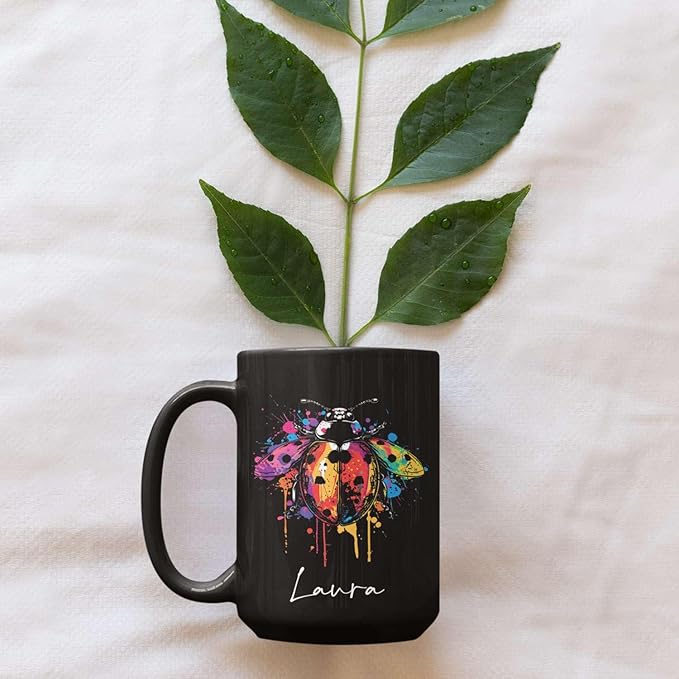 Personalized Choose Name Ladybug Coffee Mug, Colorful Ladybug Animal Design Cup, Customized Ladybug Lover Ceramic Mug, Gift For Christmas, Custom Animal Black Cup 11oz 15oz, Ladybug Mug-Ruum Studio Home