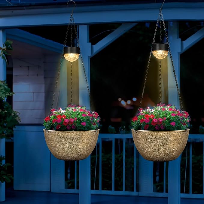 2 Packs Hanging Planters Basket for Outdoor Plants, Solar Powered Self Watering Copper Round Plastic Flower Pots with Drainer for Balcony Patio Garden Outdoor Decoration-Ruum Studio Home