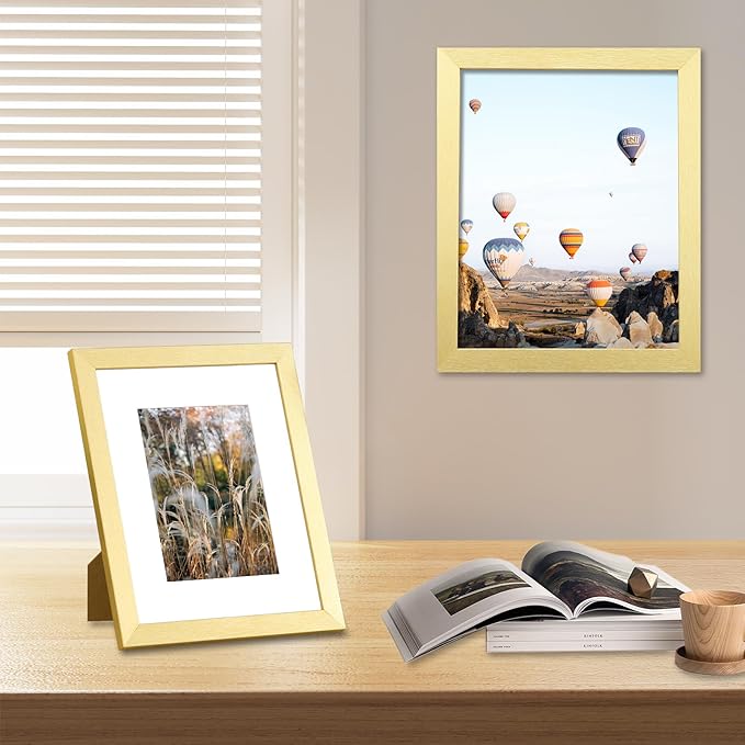 Vittanly 8x10 Picture Frames Set of 9, Shatter Resistant Plexiglass, Display 5x7 Pictures with Mat or 8x10 without Mat, Photo Frames for Wall or Tabletop, Engineered Wood, Gold-Ruum Studio Home