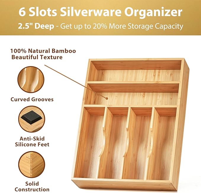Umilife Kitchen Drawer Organizer, 12 Inch Silverware Utensil Tray Holder, Extra Deep, with Non-Slip Feet & Grooved Drawer Divider, 6 Slots Total Bamboo Wood Caddy for Flatware Cutlery Knives-Ruum Studio Home