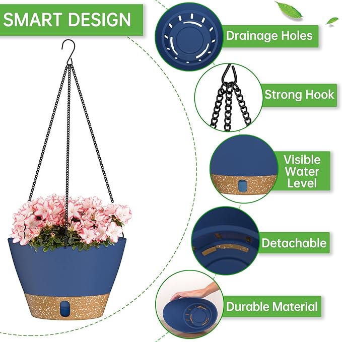 ZMTECH 2 Pack 10 Inch Hanging Planters for Outdoor Plants, Hanging Pots for Plants Indoor with Visible Water Level, Hanging Flower Basket with Drainage Holes & Removable Tray(Blue)-Ruum Studio Home