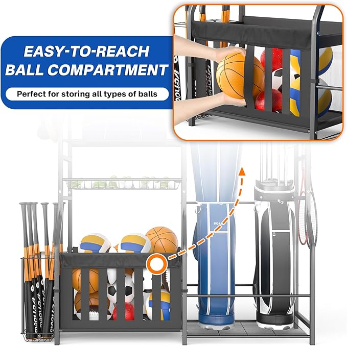 Garage Sports Equipment Organizer, Strong Load Bearing Golf Bag Organizer, Multi Use Golf Ball Rack Basketball Rack for Sports Gear and Outdoor Toy Ball Storage-Ruum Studio Home