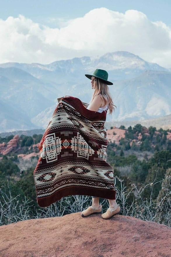 Inca Aztec Throw, Queen, King Blanket | Southwest Indian Navajo Boho Style | Native Cover for Camping, Bedding, Couch, Vanlife | Faux Alpaca, Lightweight, Hypoallergenic (Vinincunca Maroon, Throw)-Ruum Studio Home