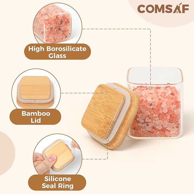 ComSaf Spice Jars with Labels 4 oz 6Pack, Small Spice Containers Starter Set, Glass Seasoning Jars with Lids, Square Seasoning Containers for Salt, Pepper, Chili Powder, Sugar, Ginger Ground, Cumin-Ruum Studio Home