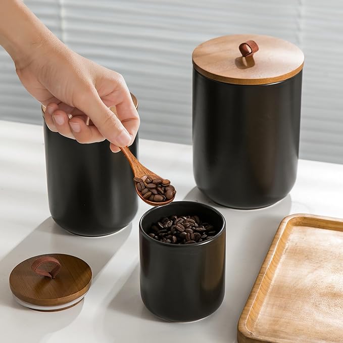 Black Ceramic Canister Set with Wooden Lid, 3-Piece Food Storage Jars for Kitchen Counter, Storage Container for Coffee, Tea, Spice, Sugar, Grains, Salt-Ruum Studio Home