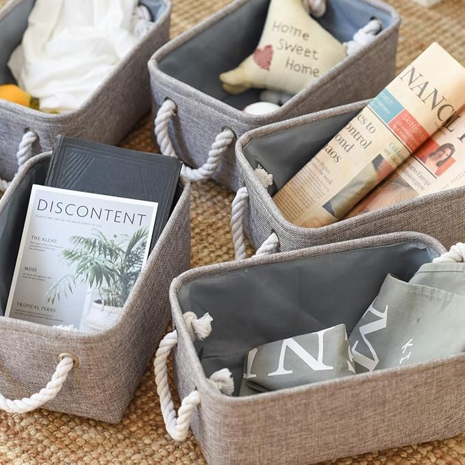 TheWarmHome Foldable Small Storage Baskets with Strong Cotton Rope Handles [6-Pack] Gray Collapsible Storage Bins Set Works Room Storage, Nursery Baskets-Ruum Studio Home