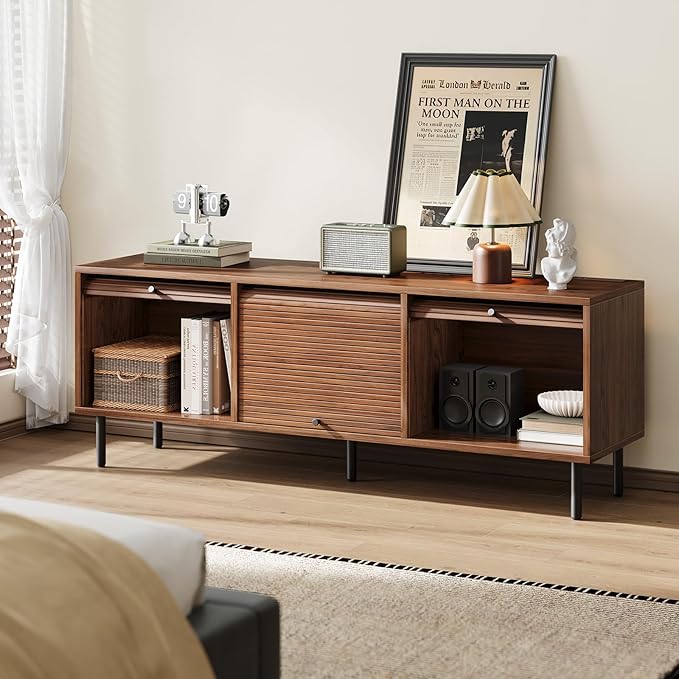 59 Inch TV Stand with Power Outlet for TVs up to 65 Inch, Entertainment Center with Storage, Mid-Century Modern TV Console, Adjustable Shelf & Sliding Doors, TV Stand for Living Room, Bedroom, Walnut-Ruum Studio Home