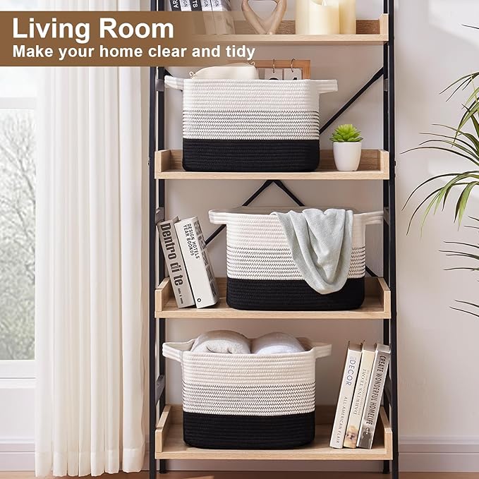 Storage Basket for Organizing, Woven Baskets for Storage, Rectangle Decorative Baskets for Shleves, Closet, Toys, Books, Nursery Organizer Bins - Pack of 3 (Gradient Black)-Ruum Studio Home