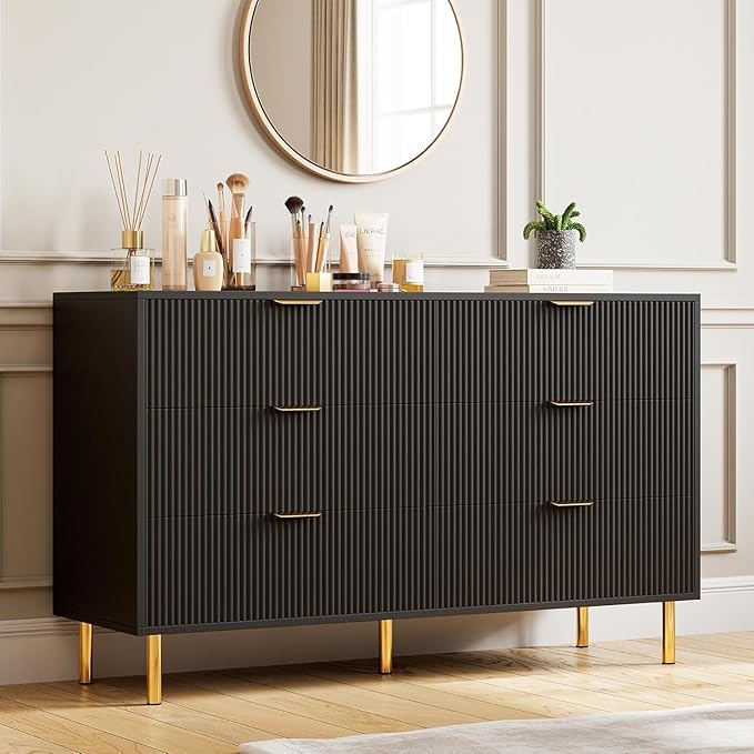 GAOMON 6 Drawer Dresser, Wood Chest of Drawers Organizer Storage with Gold Handle, Large Storage Cabinet, Modern Design Dresser for Bedroom, Living Room, Closet, Hallway, Entryway, Black-Ruum Studio Home