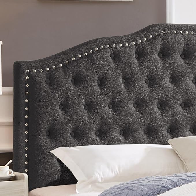 24KF Upholstered Button Tufted Queen Headboard with Nailhead Trim, Elegant Boucle Fabric Full headboard, 6031-Q-Boucle-Dark Gray-Ruum Studio Home