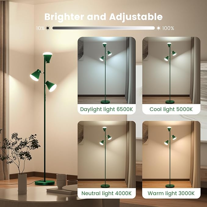 36W LED Tree Floor Lamp, Dimmable Tall Standing Lamp with Remote & Touch Control, 4 Color Temperatures Bright Floor Lamp, 3 Rotatable Light Modern Floor Lamps (Green)-Ruum Studio Home