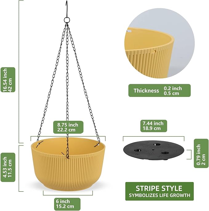 Dexceder 8.75 Inch Self Watering Hanging Planters Indoor Outdoor, Thickened Hanging Basket Flower Plant Pot (2 Pack, Yellow)-Ruum Studio Home