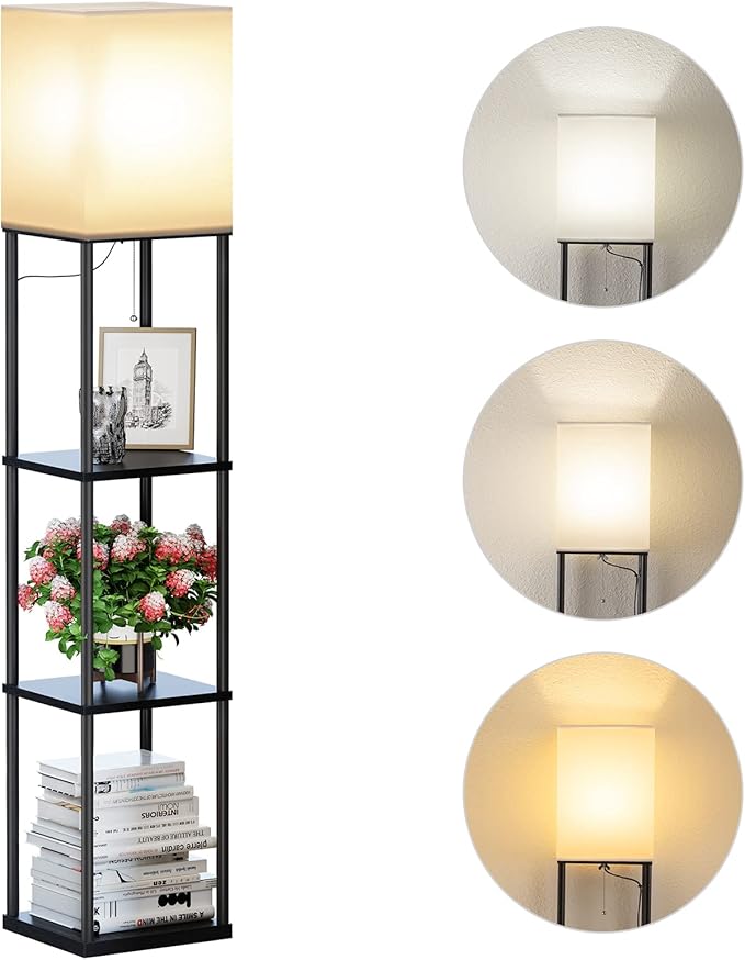 SUNMORY Floor Lamp with Shelves, Modern Square Standing Lamp with 3 Color Temperature Bulb, Corner Display Bookshelf Lamp for Living Room and Bedroom(Black)-Ruum Studio Home