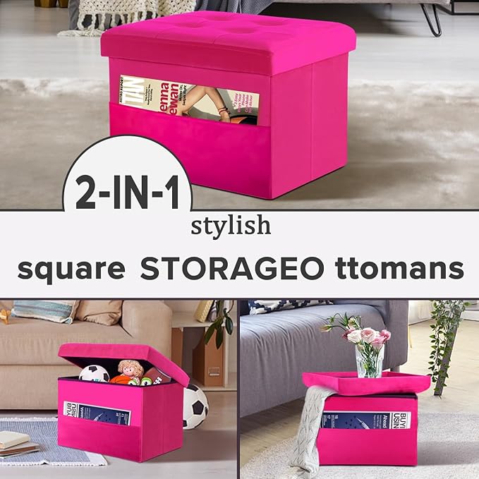 LINMAGCO Storage Ottoman Folding Foot Stool Foot Rest with Side Pocket Modern Ottoman with Storage Short Sofa Stool Velvet 17x13x13(ROSEO)-Ruum Studio Home