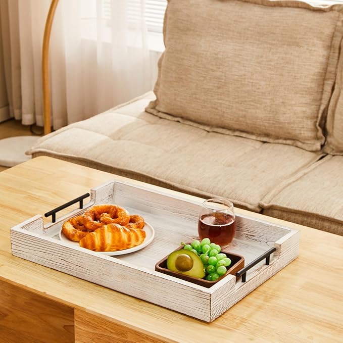 Ottoman Tray Large Serving Trays Farmhouse Decor Wooden Coffee Table Platter with Handles White Tray for Bed Kitchen Living Room 19 * 14Inch-Ruum Studio Home