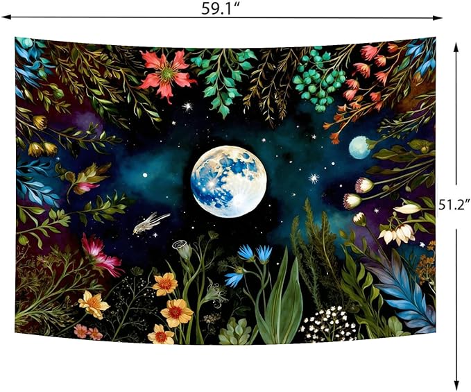 Delur Moonlit Garden Tapestry Boho Moon Floral Plant Tapestry Wall Hanging Colorful Flower Botanical Nature Night Landscape Headboard for Bedroom Living Room Home Decor (51.2" x 59.1")-Ruum Studio Home