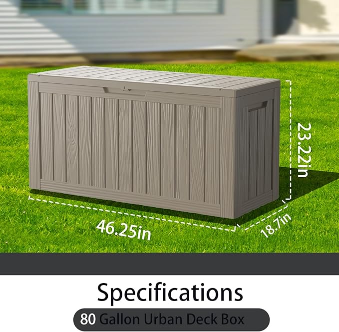 80 Gallon Outdoor Storage Box Waterproof Lockable Resin Deck Box Large, Patio Storage Bin for Pool Accessories Cushion Furniture, Garden Tools, UV-Resistant Outside Delivery Grey-Ruum Studio Home