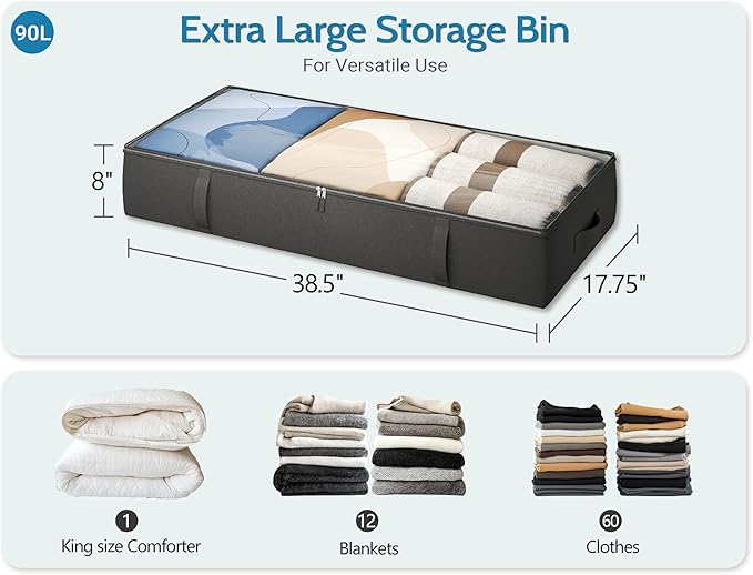 2-Pack Under Bed Storage Containers, 8 Inches Tall Underbed Clothes Storage Organizer Bin with Sturdy Sidewalls/Bottom, Under the Bed Storage Bags 2 Storage Bins, Black-Ruum Studio Home