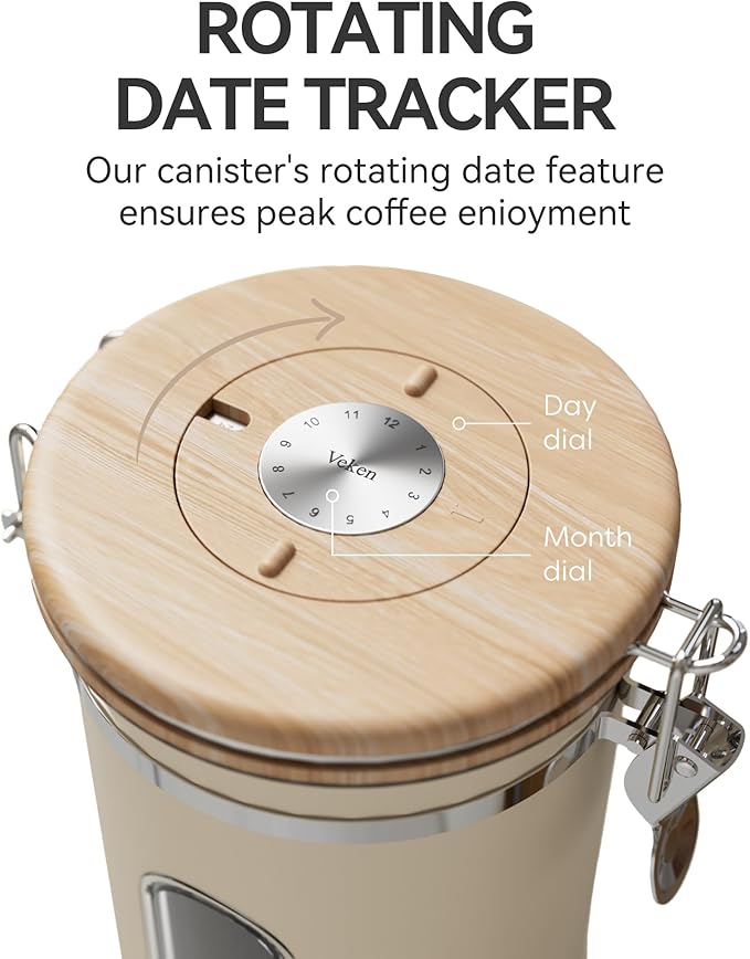 Veken Coffee Sugar Canister with Window, Coffee Lover Gift Set,Airtight Stainless Steel Kitchen Food Storage Container Gifts, Date Tracker & Scoop for Grounds Coffee,Beans,Tea,Flour,Cereal,22OZ,Cream-Ruum Studio Home