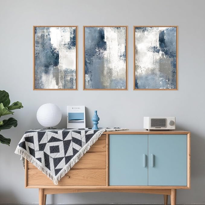 LHIUEM Large Abstract Brush Strokes Framed Canvas Wall Art Set,Navy Blue and Gray Wall Decor,Modern Color Block Shape Artwork,Minimalist Neutral Blue Printing for Living Room,Bedroom, Office-16''x24''x3-Ruum Studio Home