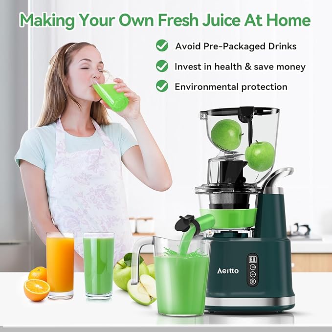 Cold Press Juicer,Aeitto Slow Masticating Juicer with Wide & Dual Feed Chute for Vegetables and Fruits, High Juice Yield, Self Feeding for Juice Extractor, BPA-Free, Dark Green-Ruum Studio Home