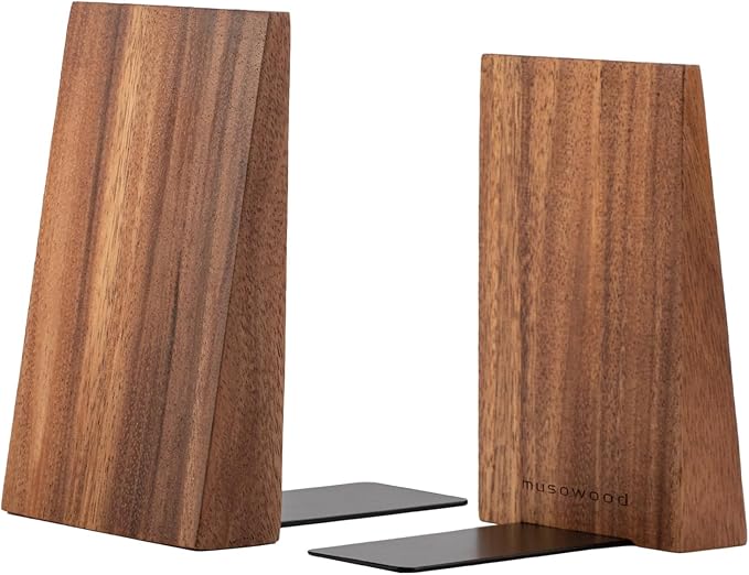 Muso Wood Book Ends, Thickened Wooden Bookends for Heavy Books, Creative Decorative Bookends for Shelves, Non-Skid Book Ends, Handmade Acacia Wood Bookends-Ruum Studio Home