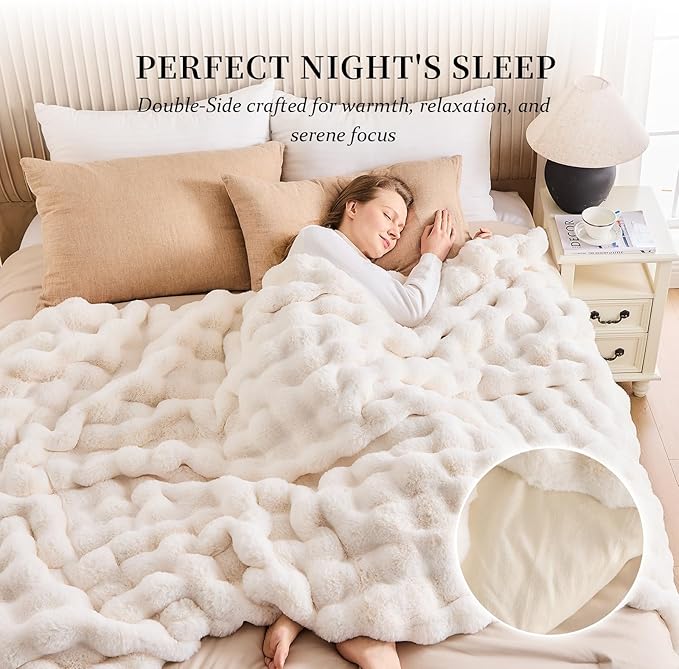 Cozy Faux Fur Throw Blanket for Couch-Warm Fuzzy Throw Blanket, Soft Plush Thick Bubble Blankets for Bedroom and Living Room, Furry Luxury Blanket, 50 x 60, Cream-Ruum Studio Home