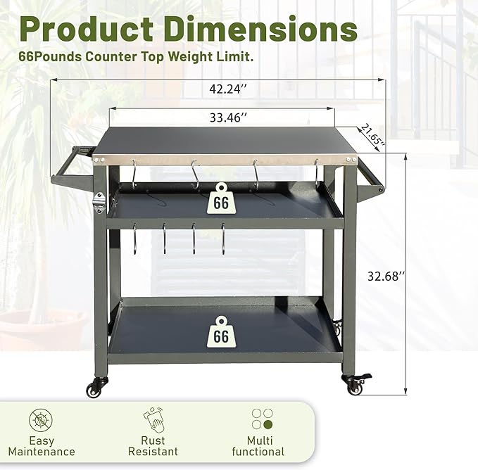 Domi 3-Shelf Outdoor Grill Table, Grill Cart Outdoor with Wheels, Pizza Oven and Food Prep Table, Blackstone with Stainless Steel Tabletop, BBQ Stand for Blackstone Griddle for Outside BBQ-Ruum Studio Home