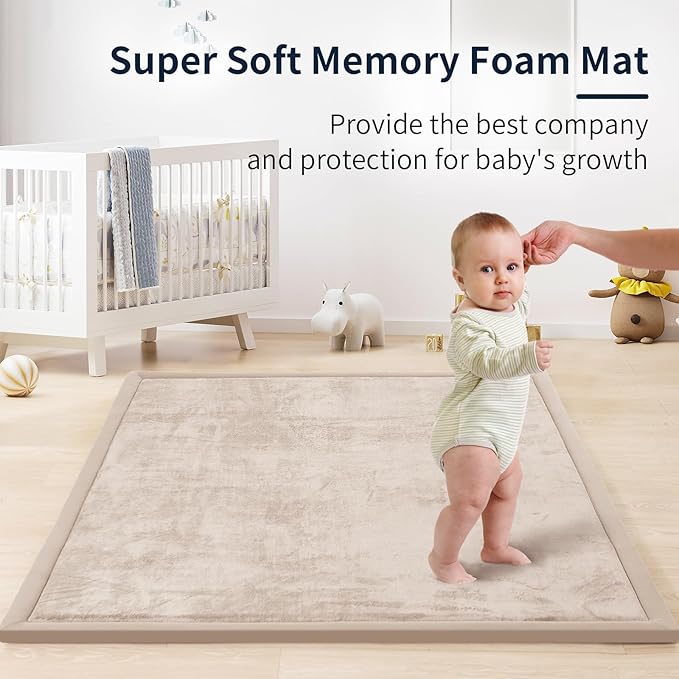 ACOMOPACK Baby Play Mat for Floor 1.3" Thick Memory Foam Play Mat 71"×79" Tummy Time Crawling with Non-Slip Bottom for Living Room,Nursery,Soft Velvet Playpen Mats for Kids,Infants（Beige）-Ruum Studio Home
