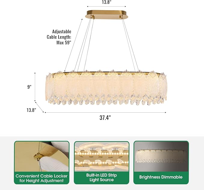 Gold Rectangle Modern Chandeliers for Dining Room Light Fixture, Water Ripple Crystal Glass LED Chandelier for Kitchen Island Bar Living Room, 2700K-6000K-Ruum Studio Home