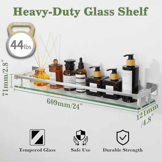 Alise Bathroom Shelf Wall Mounted, Polished Chrome Large Capacity Glass Shelf for Bathroom, 24 inch-Ruum Studio Home