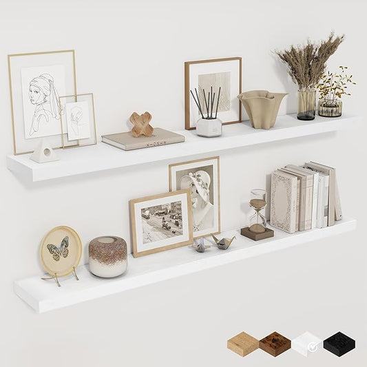 White Floating Shelves for Wall, 48 Inch Floating Shelves for Home Decor, Wall Mounted Rustic Wood Shelves, Bathroom, Hanging Deep Shelf for Bedroom, Living Room, Kitchen, 2 Packs-Ruum Studio Home