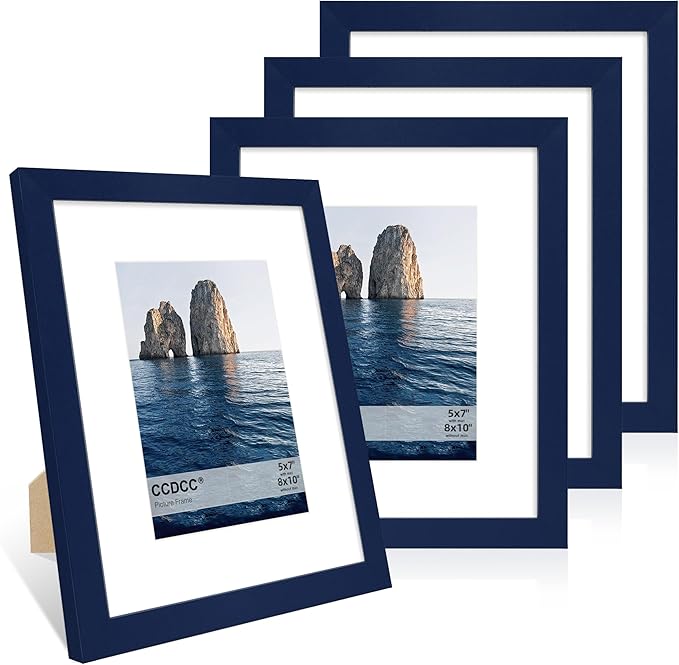 8x10 Picture Frame Set of 4, 8 x 10 Wood Photo Frames with Mat for 5x7, Natural Wooden Frame with Real Glass Cover for Wall and Tabletop Display,Blue-Ruum Studio Home
