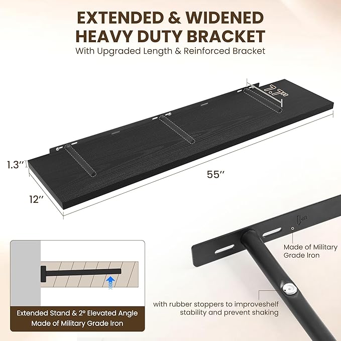 55" Floating Shelves for Wall, 12" Deep Slim Black Floating Shelves, Wall-Mounted Shelves for Bedroom, Living Room, Kitchen, Bathroom - Set of 2-Ruum Studio Home