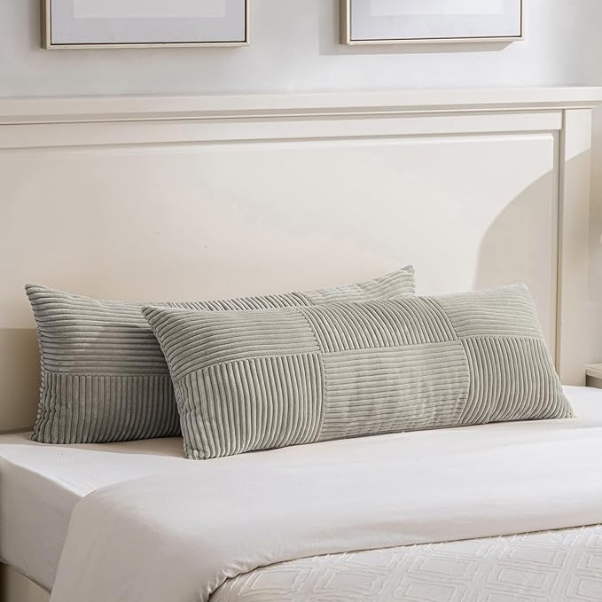 Fancy Homi Set of 2 Neutral Grey Boho Long Lumbar Body Decorative Throw Pillow Cover 14x36 Inch for Bed Couch Bedroom Bench, Soft Patchwork Corduroy Textured Pillow Case, Rustic Farmhouse Room Décor-Ruum Studio Home