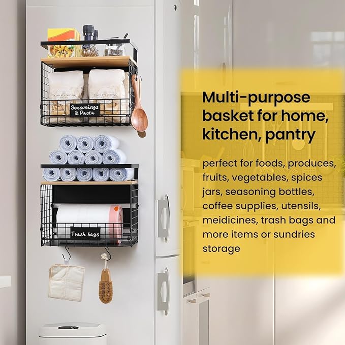 [WIDER Shelf]2 SET Strong Magnetic Shelf Basket for Fridge with Tag & Bamboo Top, XXL Large Magnetic Spice Rack Shelves for Side of Refrigerator, Kitchen Pantry Storage Organizer for Food Fruit Veg-Ruum Studio Home
